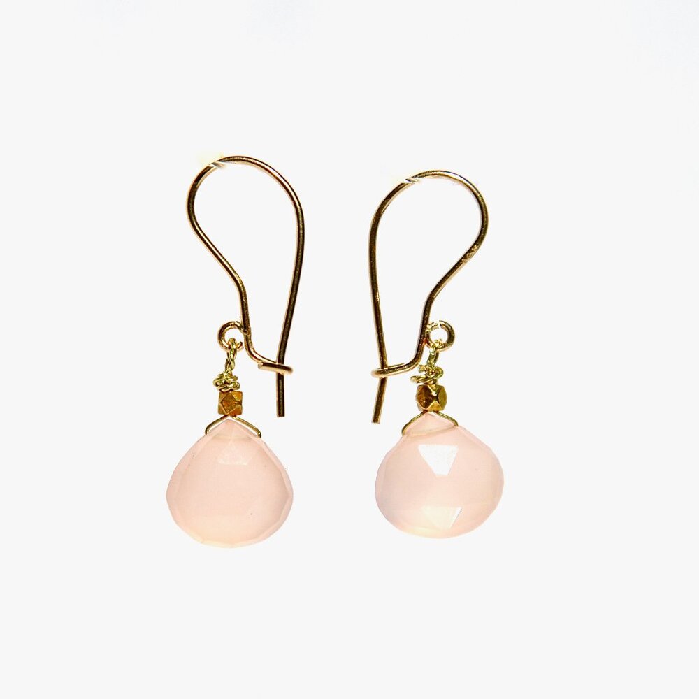 14k Solid Yellow Gold Pink Chalcedony Tear Drop Dangler/Earrings